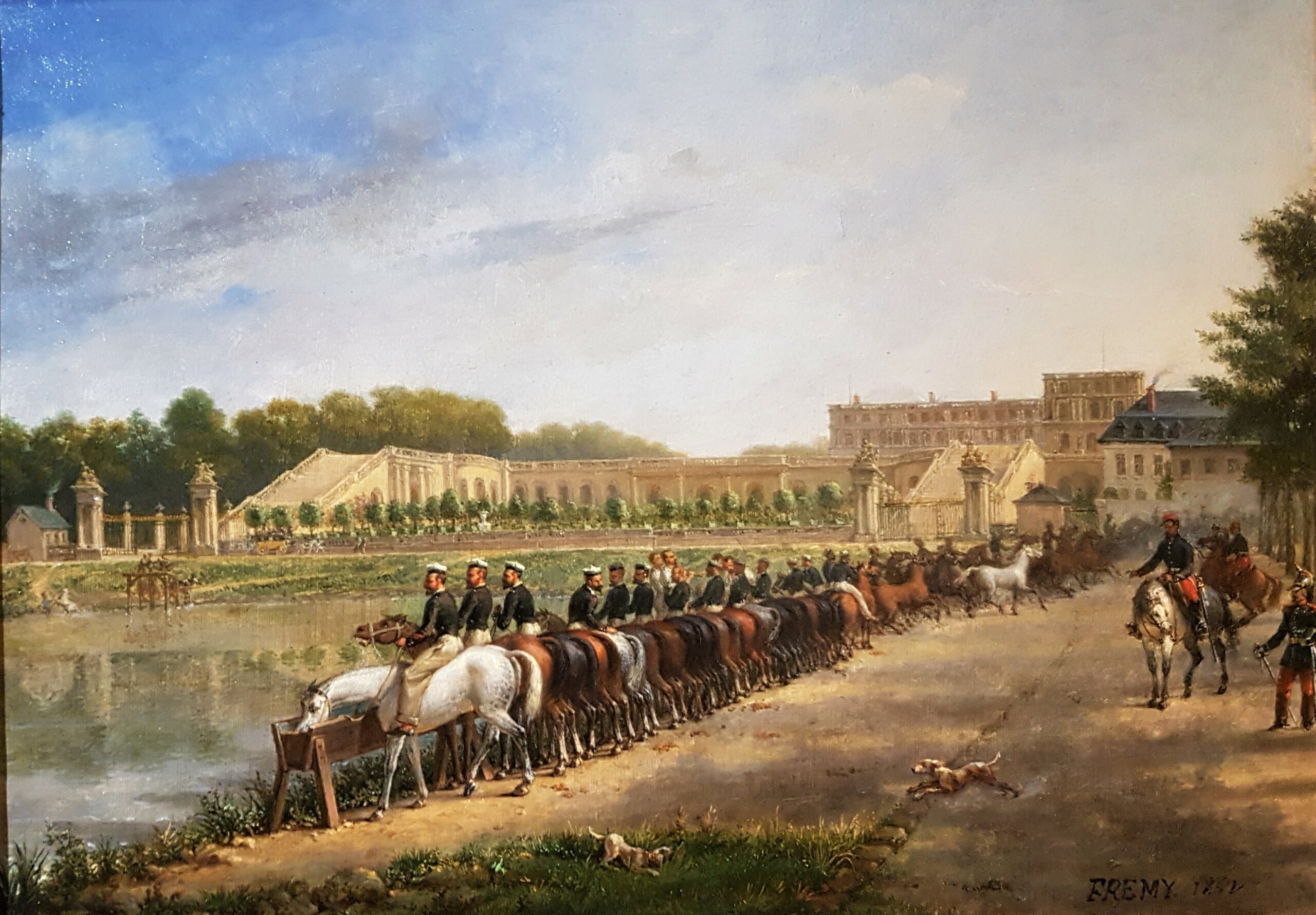 Soldats abreuvant leurs chevaux dans la pièce d’eau des Suisses à Versailles, par Jacques Marie Noël Frémy en 1862. © Musée Lambinet