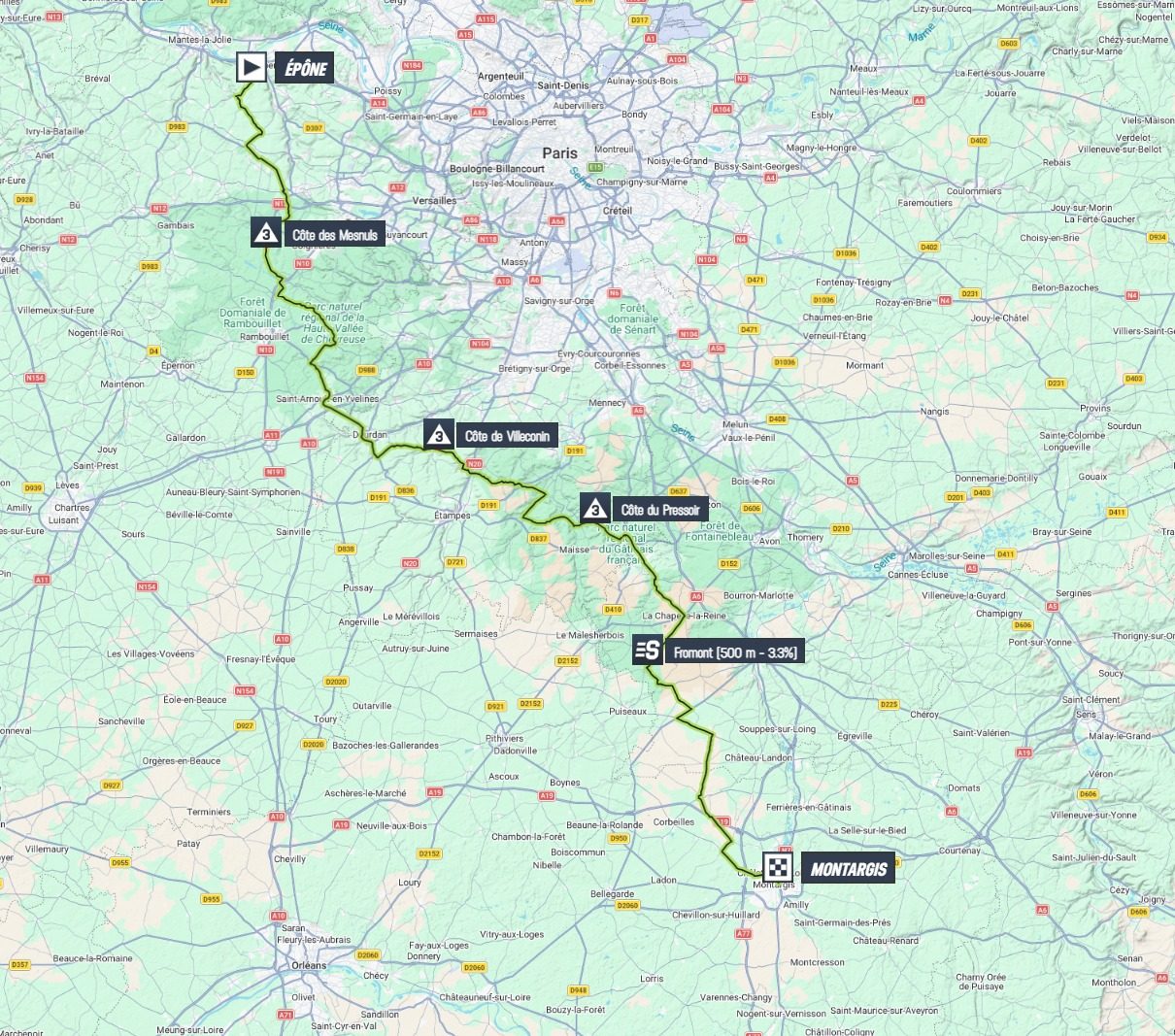 Tracé de la deuxième étape qui mènera les coureurs d’Épône à Montargis. ©PCS